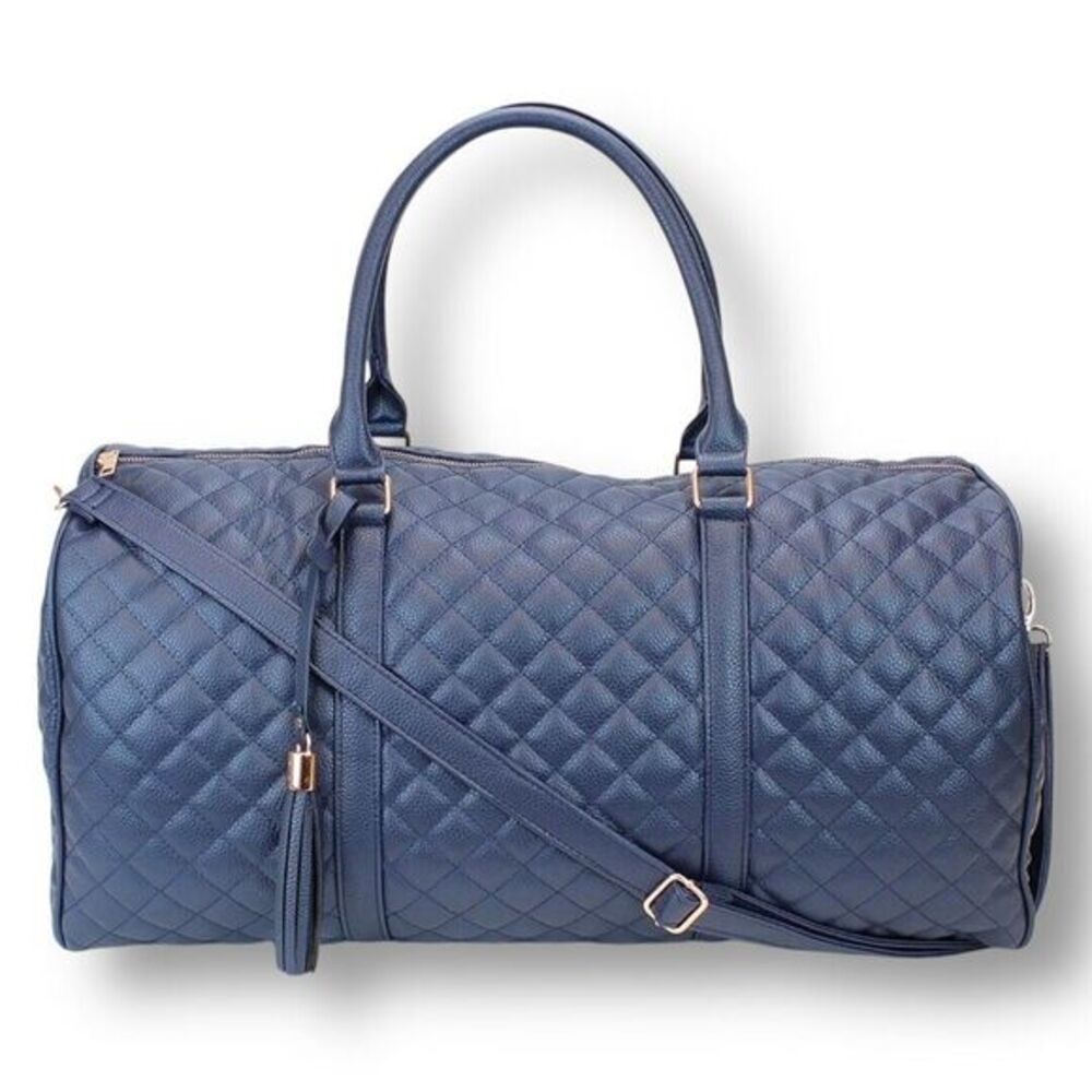 Ms. Lovely Blue Quilted‎ Faux Leather Duffel Bag 22" Travel Weekender Tote NWT